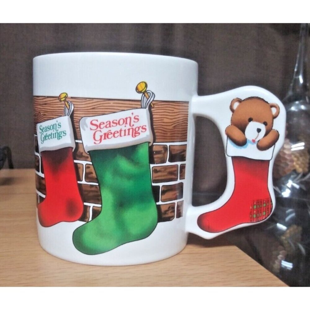 Vintage 1986 Christmas Mug Cup Christmas Stockings Teddy Bear The Love Mug EUC